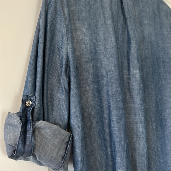 Joh Indigo Blue Tencel Tunic Top w Frayed Hi Lo Hems, Pockets, Hidden Roll Tabs - Picture 6 of 11